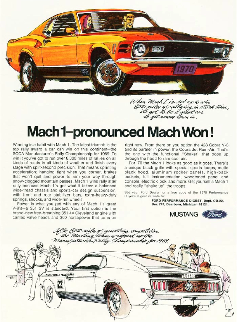 1970 Ford Mustang vintage auto ad; Mach1-pronounced mach won